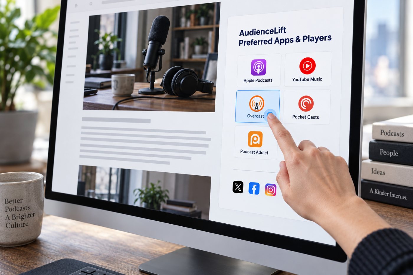 A prospective listener chooses a podcast destination after discovering a show through an AudienceLift publisher promotion.