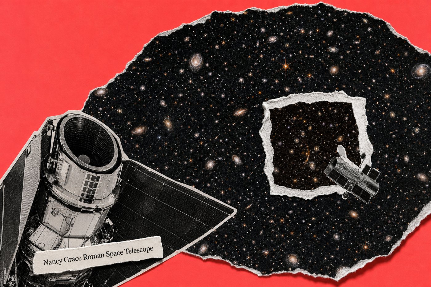 Comparação entre o amplo campo observado pelo Roman e a área pelo menos 100 vezes menor coberta pelo Hubble.
