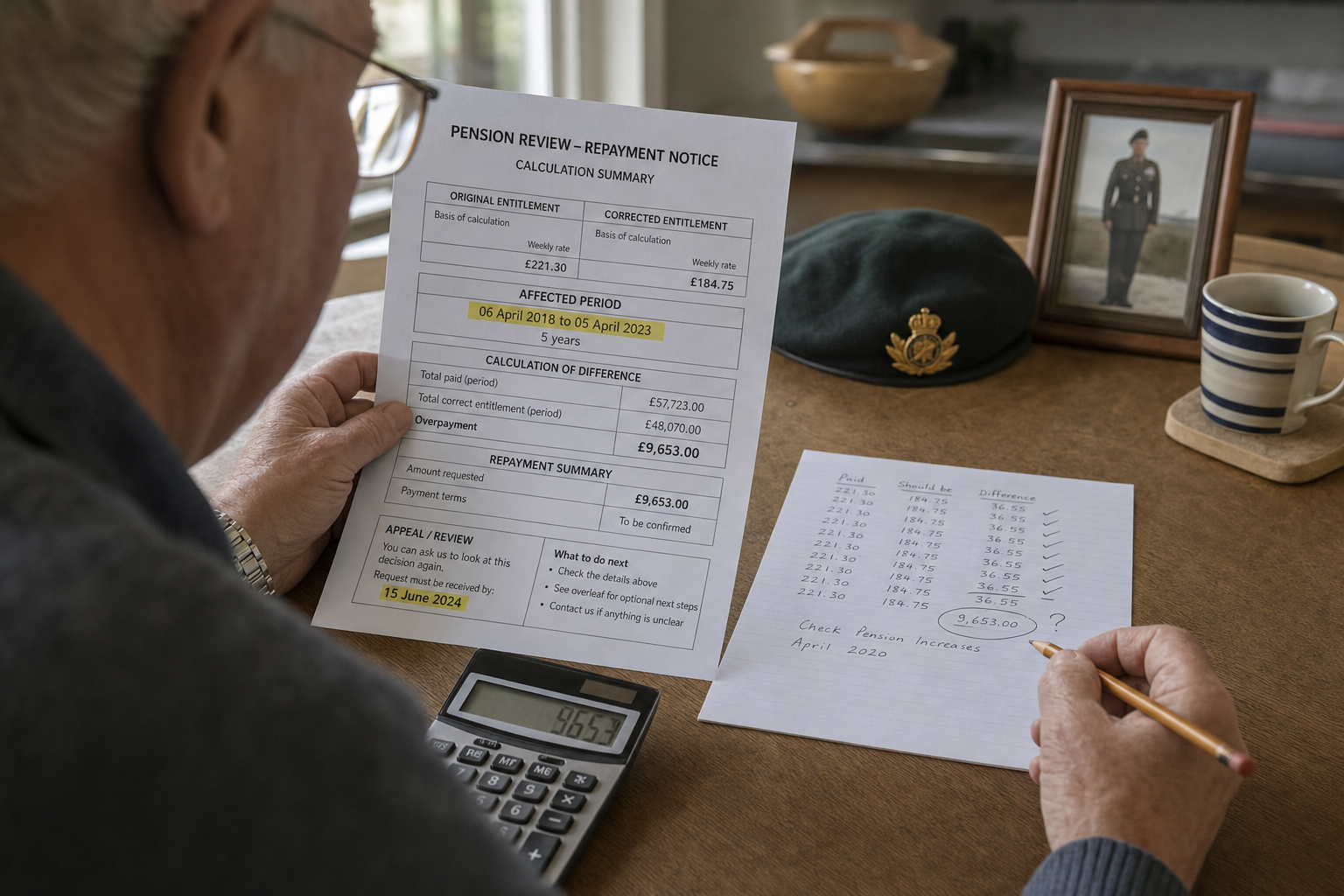Pension documents and a hardship form are prepared for a veteran’s repayment appeal.