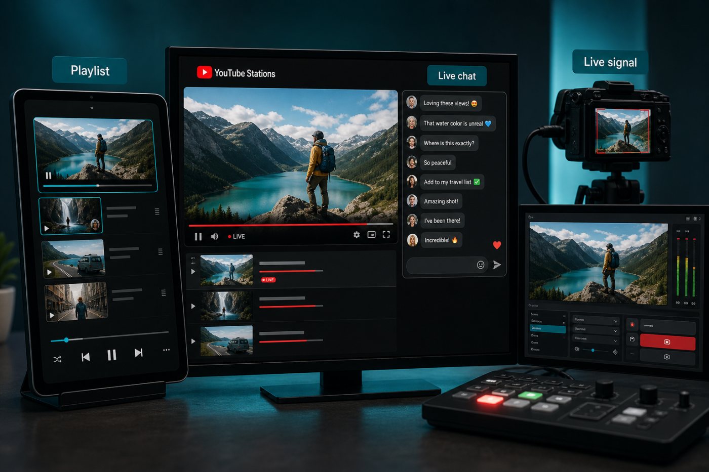 Cùng một danh mục nội dung được xem dưới dạng playlist, Station 24/7 và livestream vận hành thủ công.