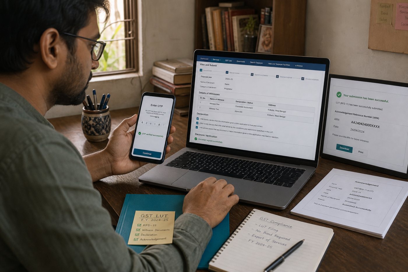 GST Portal पर वित्त वर्ष और दो गवाह भरकर RFD-11 जमा करने तथा ARN पावती पाने की प्रक्रिया