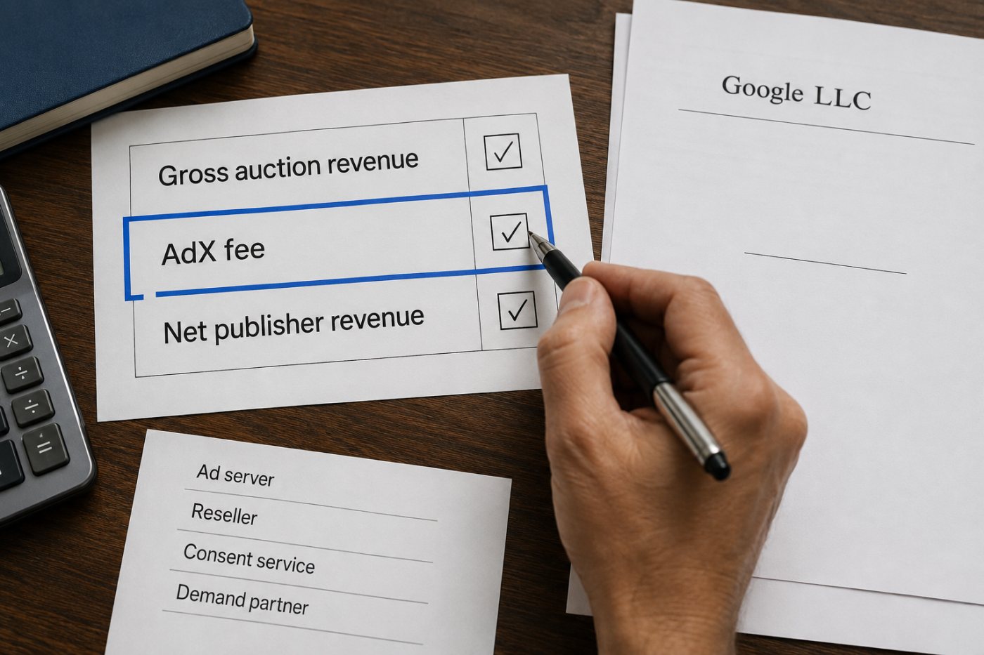 একই reporting period-এ AdX-এর gross revenue, বর্তমান ২০% fee ও publisher-এর net revenue আলাদা করে মিলিয়ে দেখা হচ্ছে।