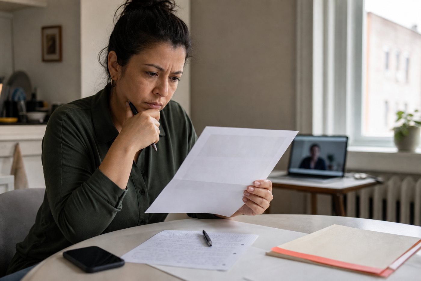 A worker checks employer identity, benefits, training and advancement terms in a job offer before accepting it.