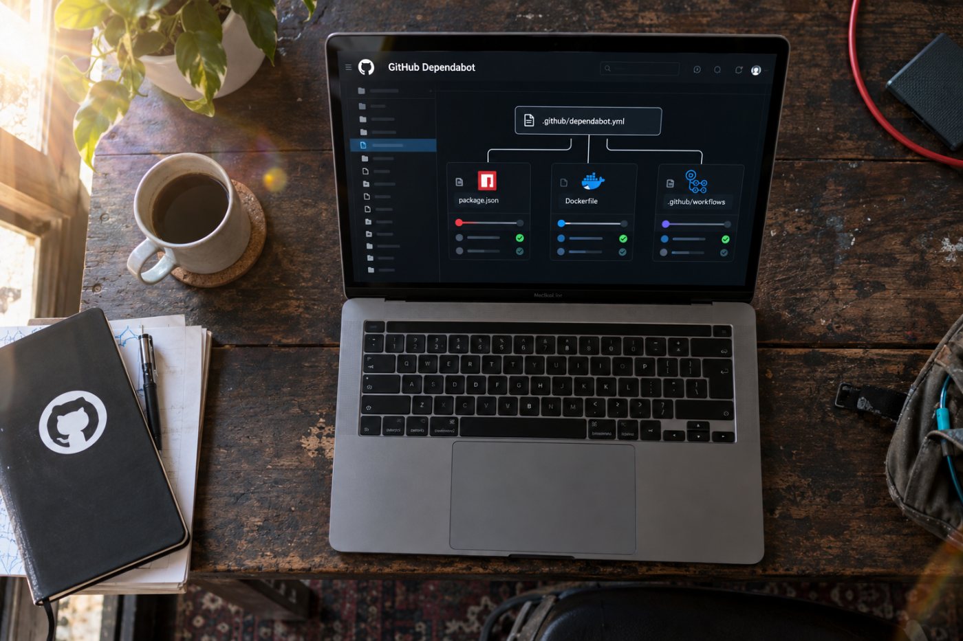 同一份 Dependabot 配置分别管理 npm、Docker 和 GitHub Actions 的检查频率与七天冷却期