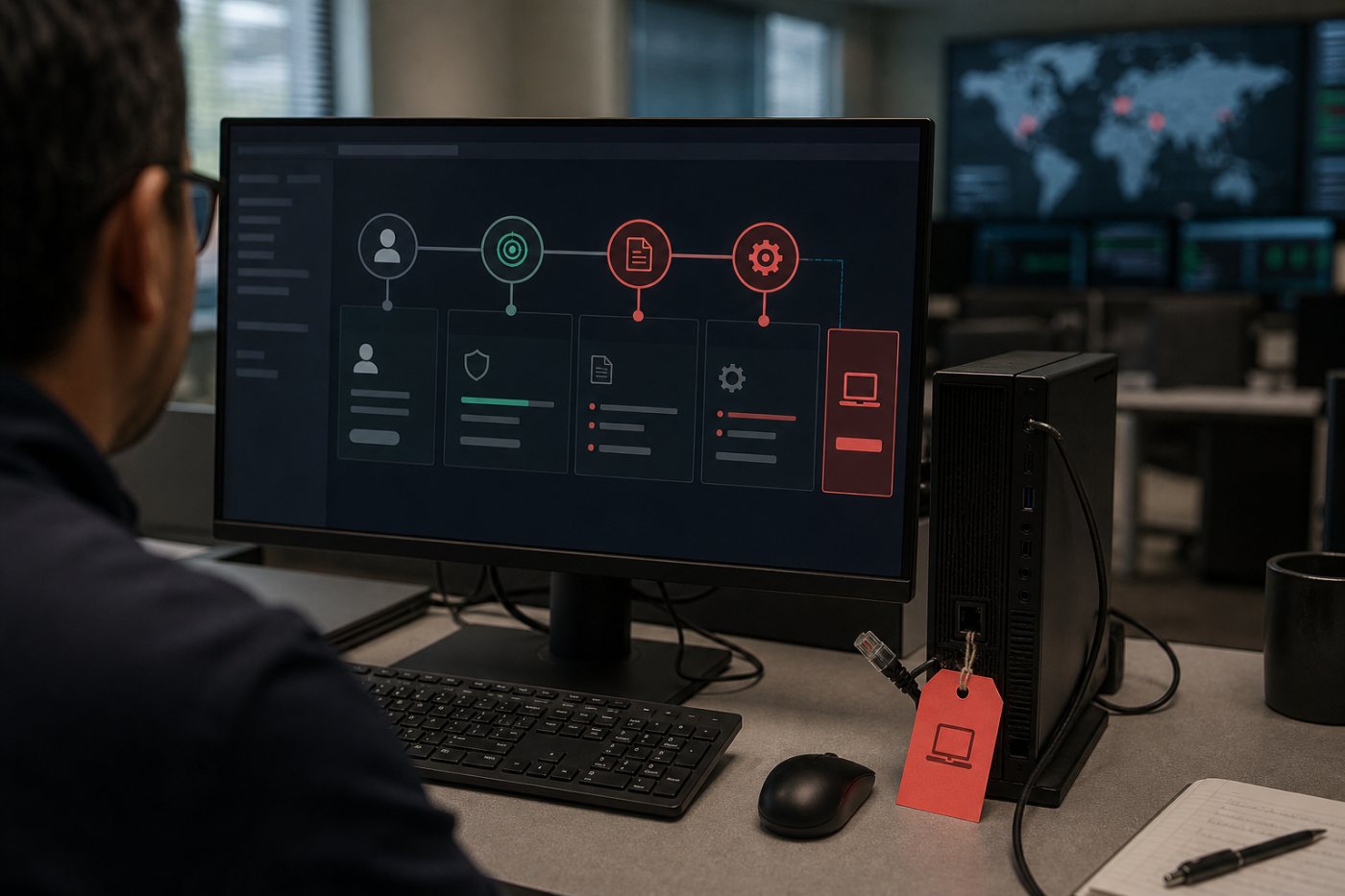 Una consola de seguridad correlaciona la actividad de una cuenta restringida, un análisis de Defender y la posterior ejecución como SYSTEM antes de aislar el端点.