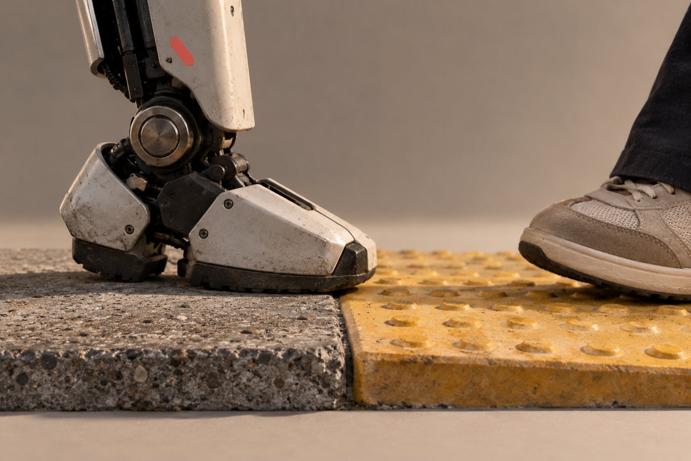 歩道上の歩行型ロボットと歩行者。人とAIの役割や実証のルールが検討されている。