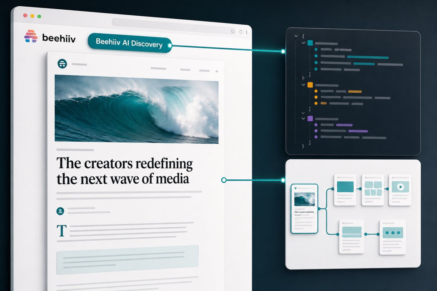 Beehiiv AI Discovery supplies structured article context and a site map to an answer engine without restricting crawler access.