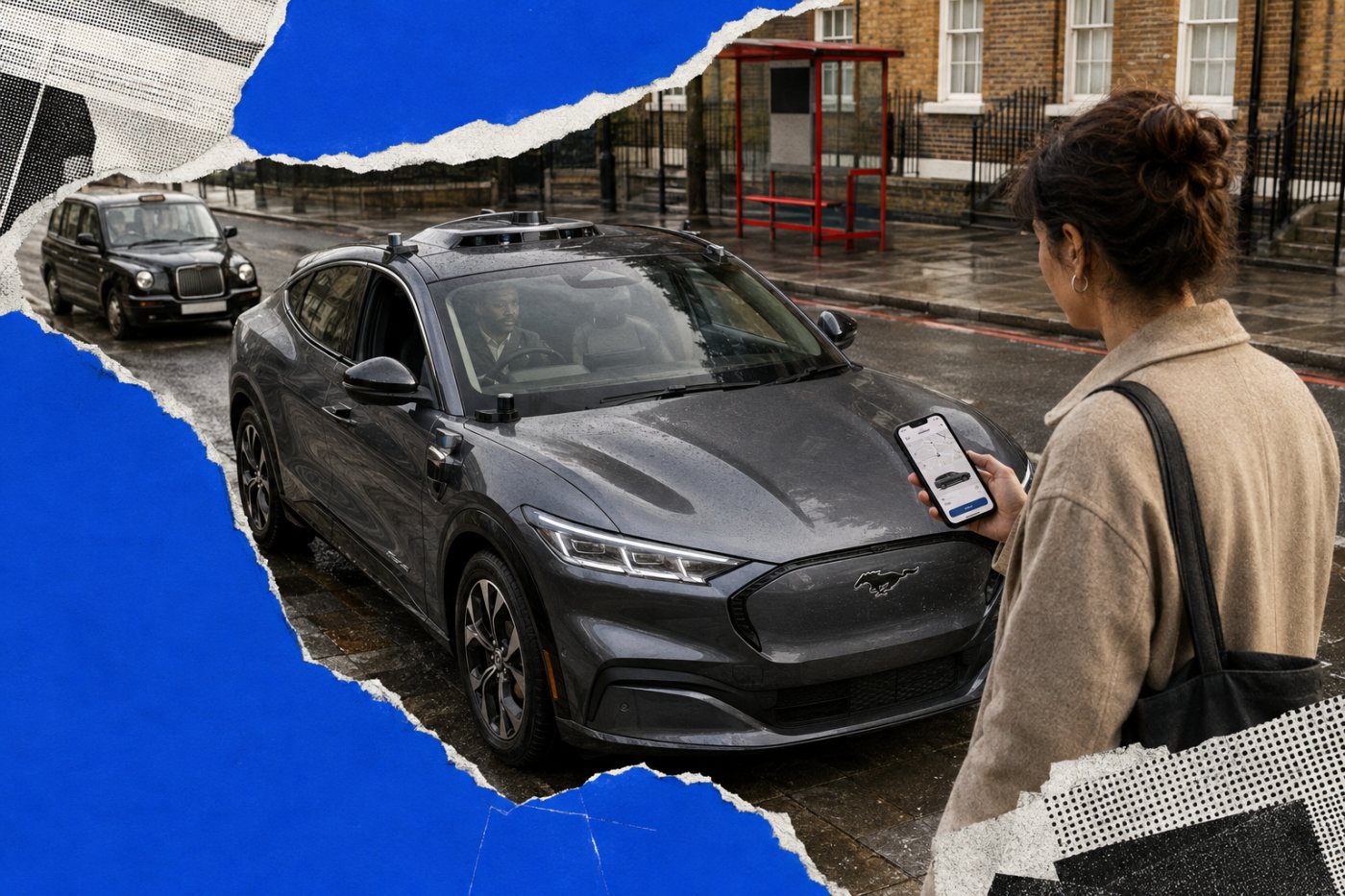 Ein Fahrgast erhält über eine reguläre Uber-Buchung ein Wayve-Fahrzeug für eine überwachte autonome Fahrt.