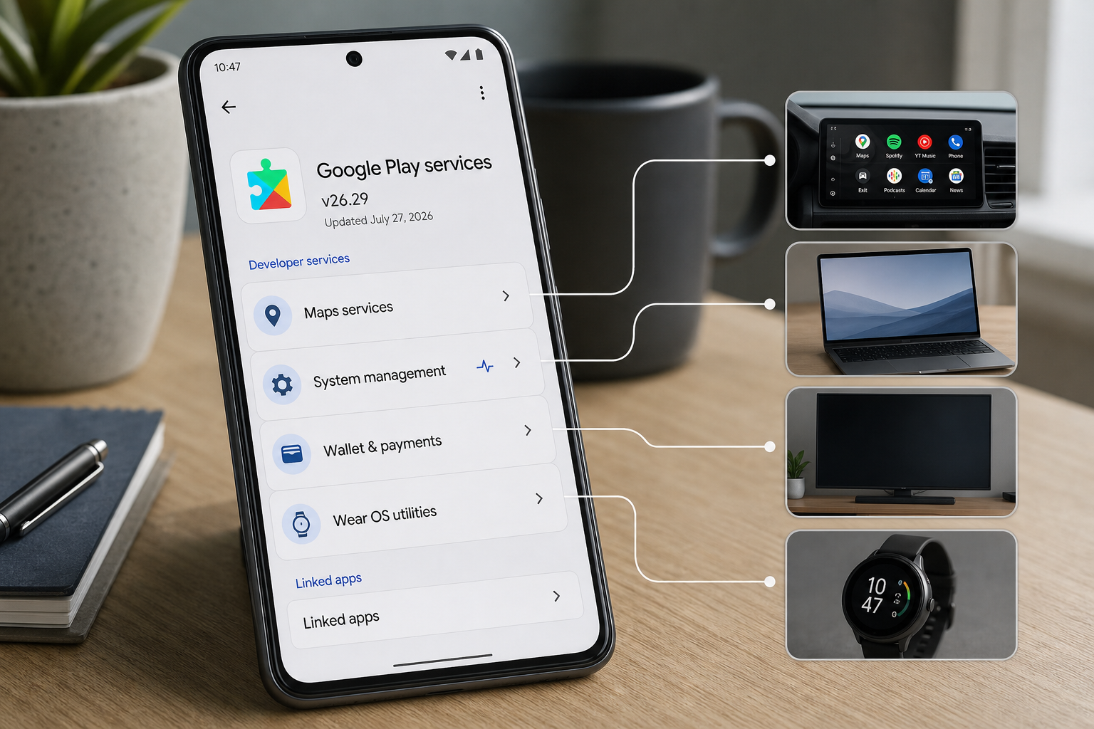 Google Play services v26.29 lists Maps, diagnostics, Wallet and Wear OS changes on an Android phone