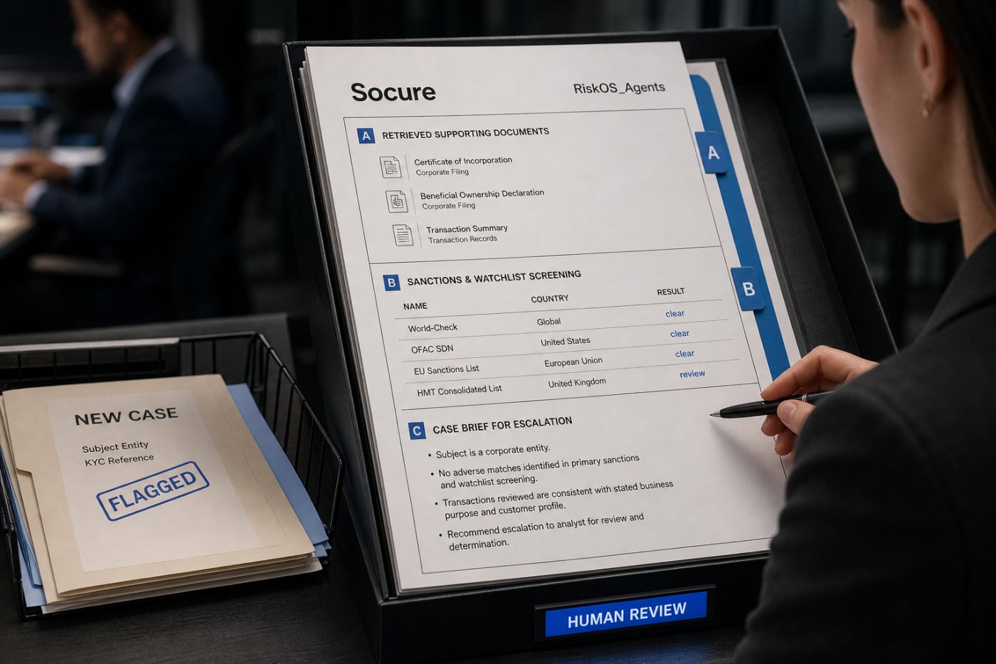 RiskOS_Agents собирает документы, проверяет списки и готовит дело по отмеченному риску.