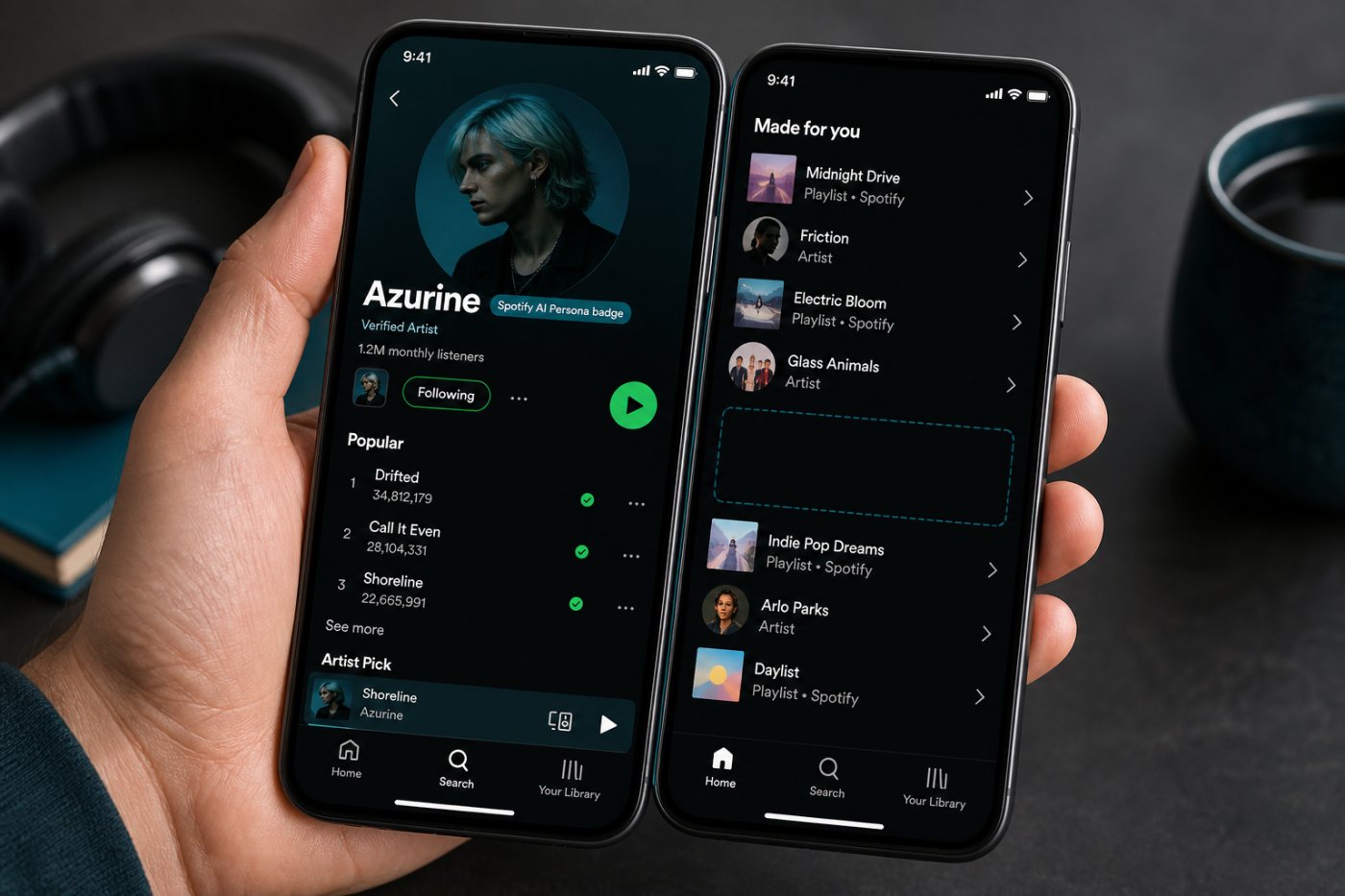 An AI Persona remains available through intentional following but is omitted from default Spotify recommendations.