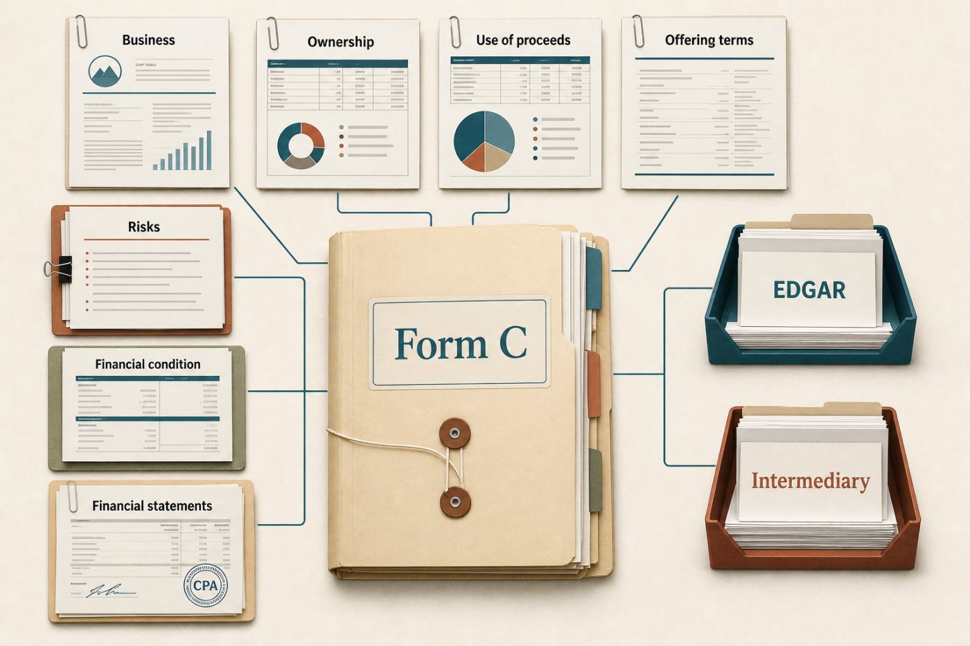 A startup assembles its Form C disclosures and the required financial-statement package.