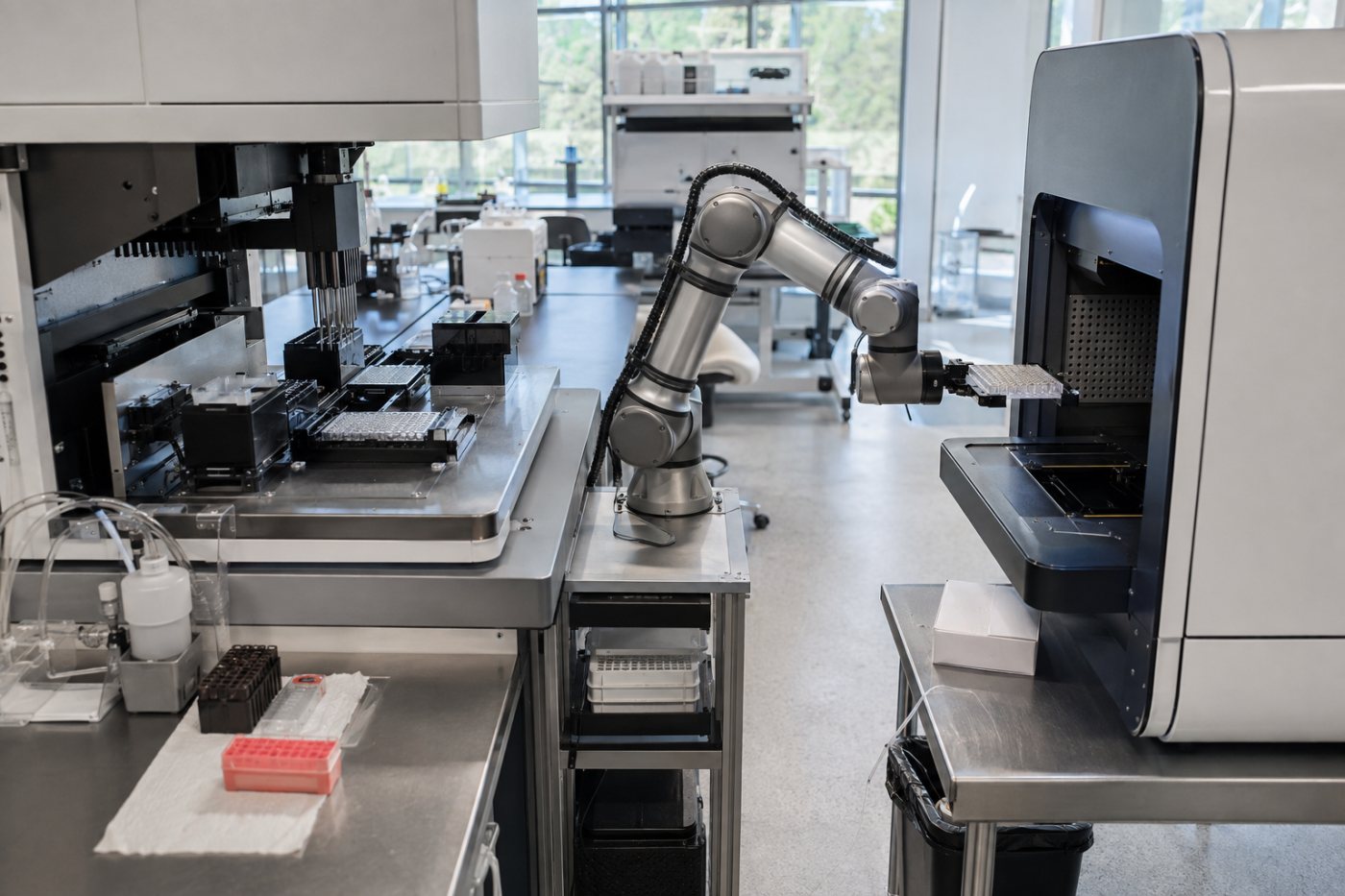 An MHS-coordinated robotic arm moves a microplate between a liquid handler and plate reader.