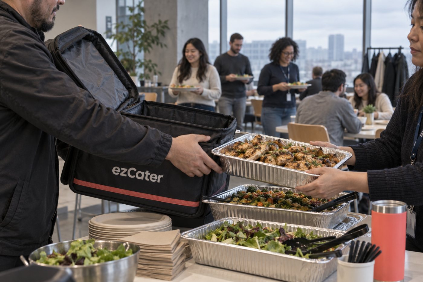 Dumating ang ezCater workplace meal para sa isang grupo, ang uri ng order na nais idagdag ng Uber sa saklaw ng Uber Eats.