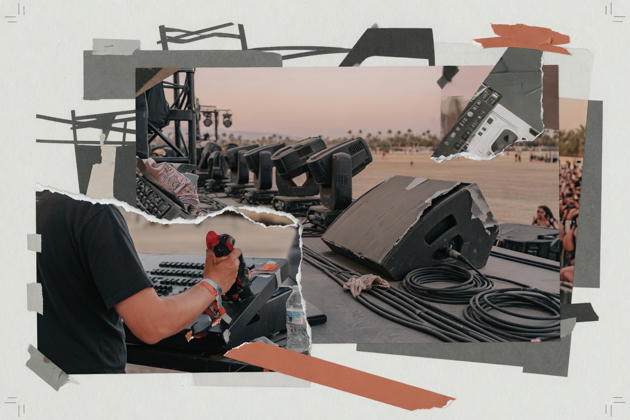 Сцена на фестивале Coachella с оборудованием для концертных выступлений