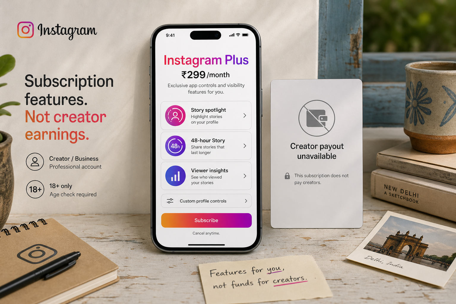 भारत में 299 रुपये मासिक Instagram Plus की Story सुविधाएं और उससे अलग क्रिएटर कमाई पैनल