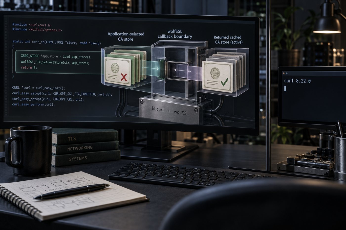 Eine wolfSSL-libcurl-Konfiguration setzt nach einem Callback erneut den zwischengespeicherten CA-Speicher ein.