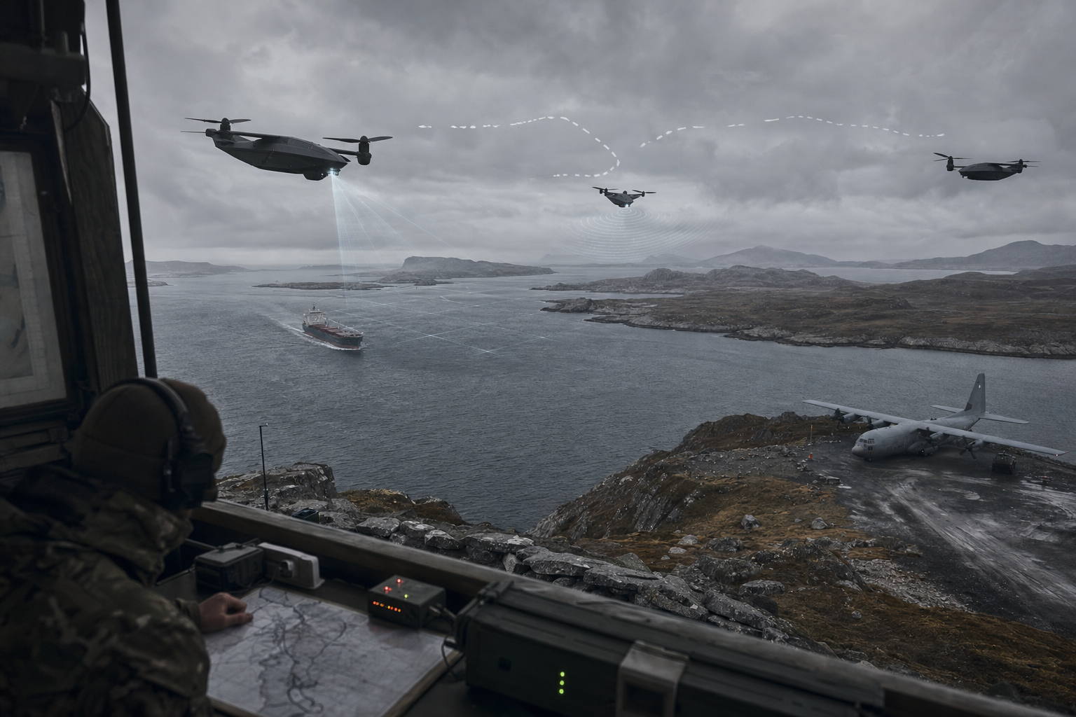 Hivemind autonomy display showing one commander coordinating multiple X-BAT aircraft in a communications-denied environment.