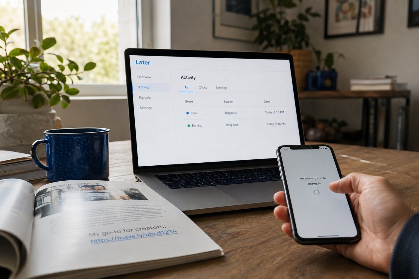 An existing mave.ly link remains active and continues recording affiliate activity after the Later rebrand.