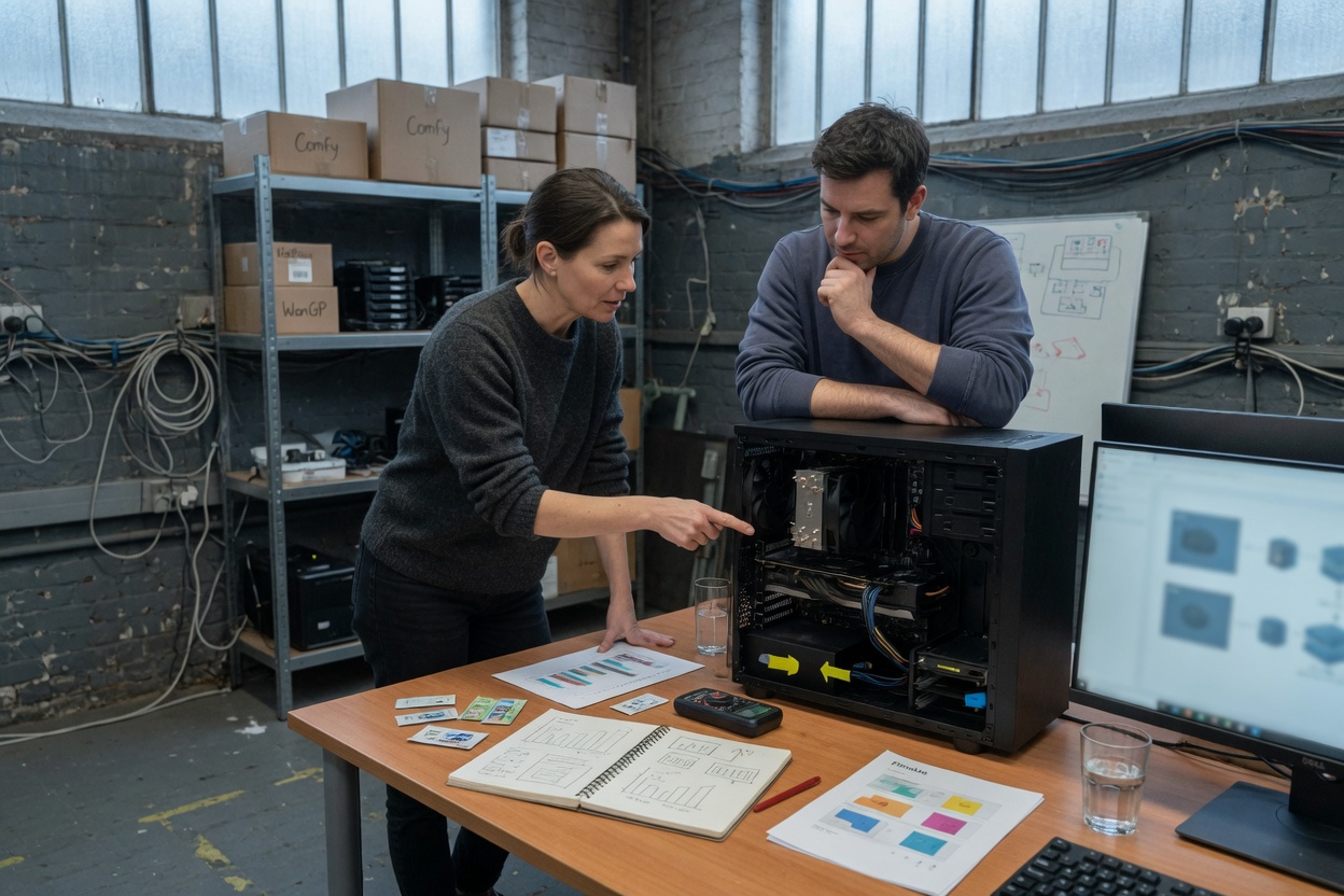 Team members examining computer hardware components for resource monitoring.