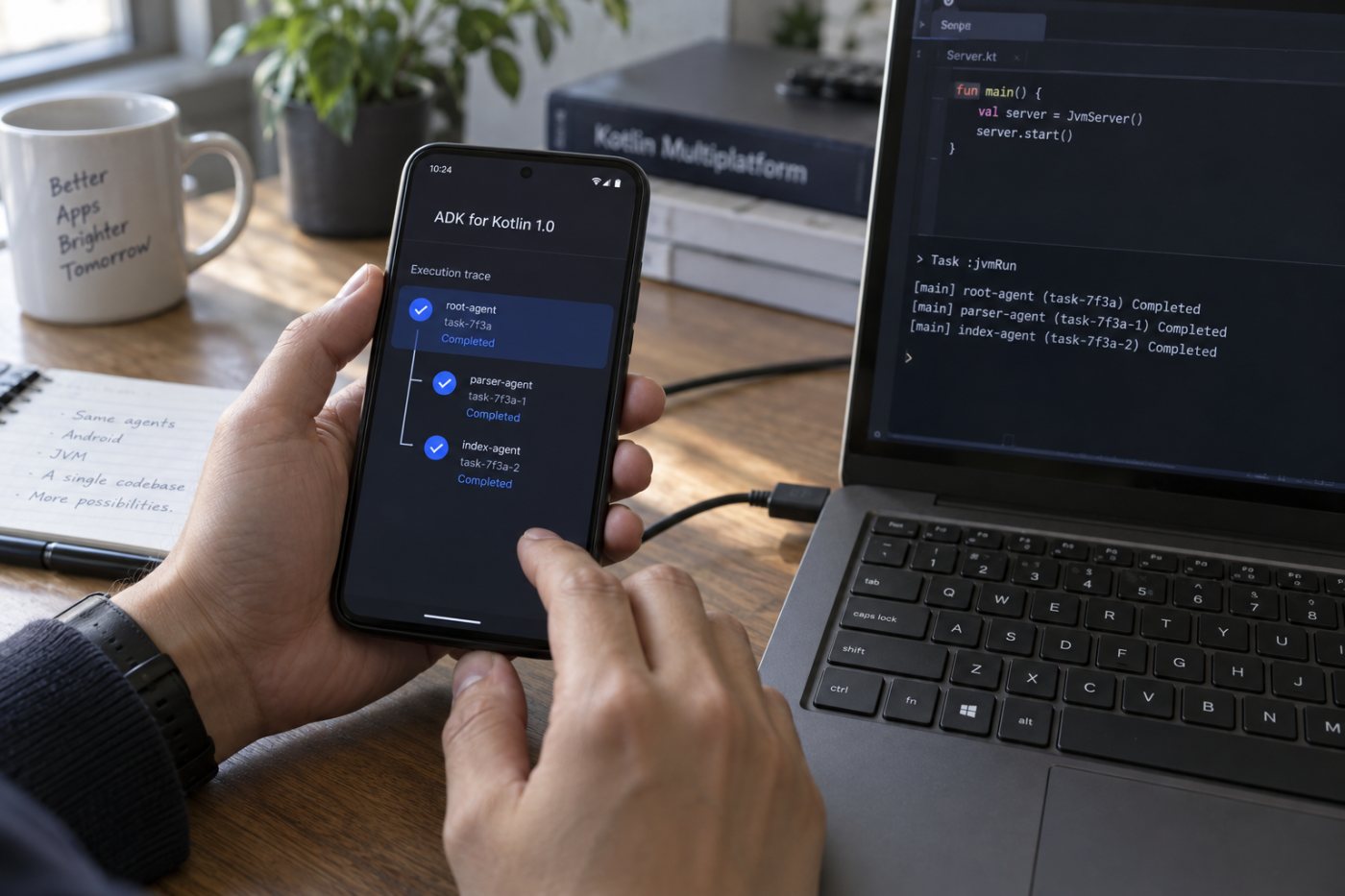 ADK for Kotlin 1.0 루트 에이전트가 JVM과 Android의 전문 하위 에이전트에 작업을 위임하는 구조