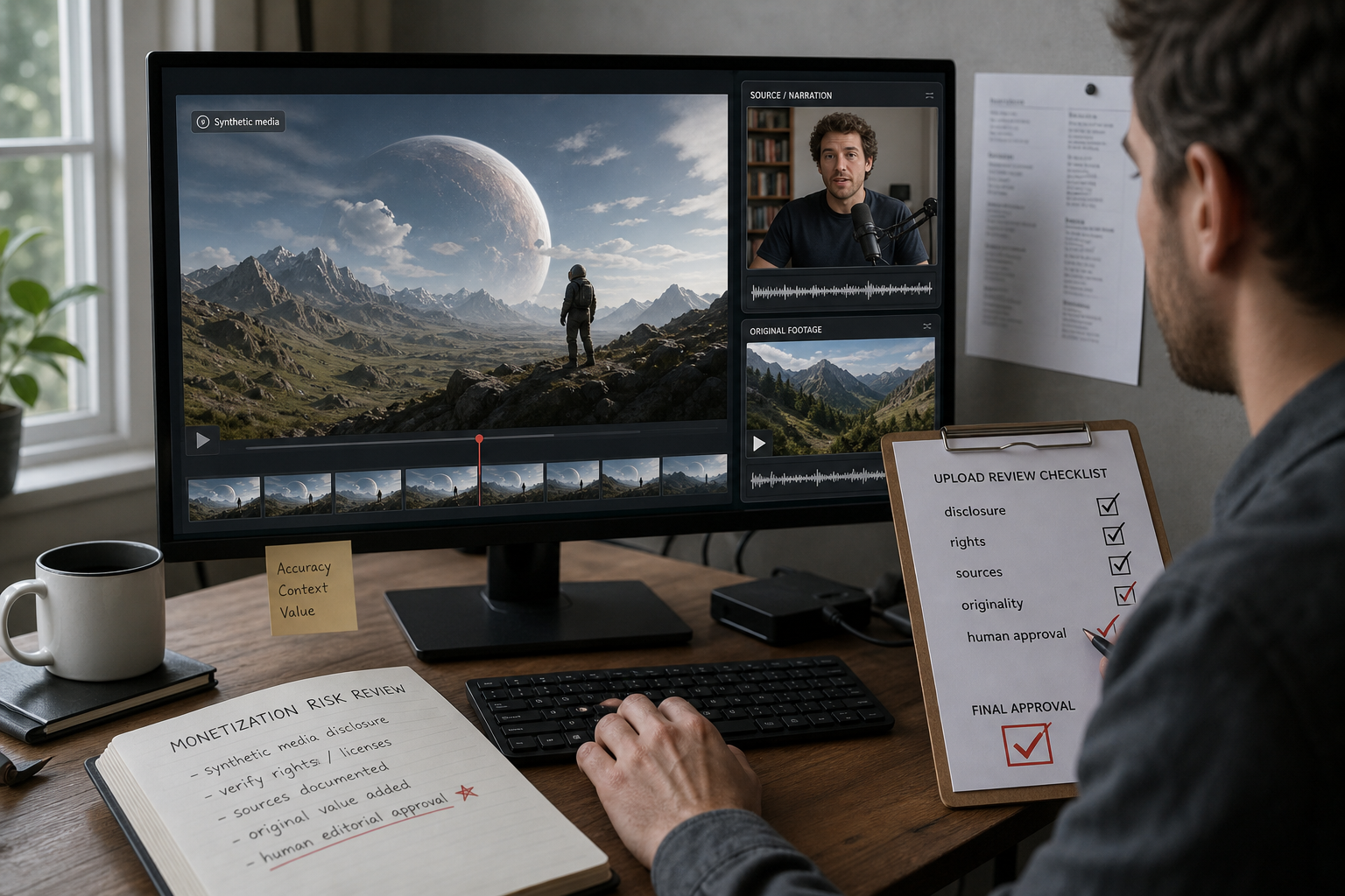 A creator checks an AI segment, rights, and disclosure before publishing