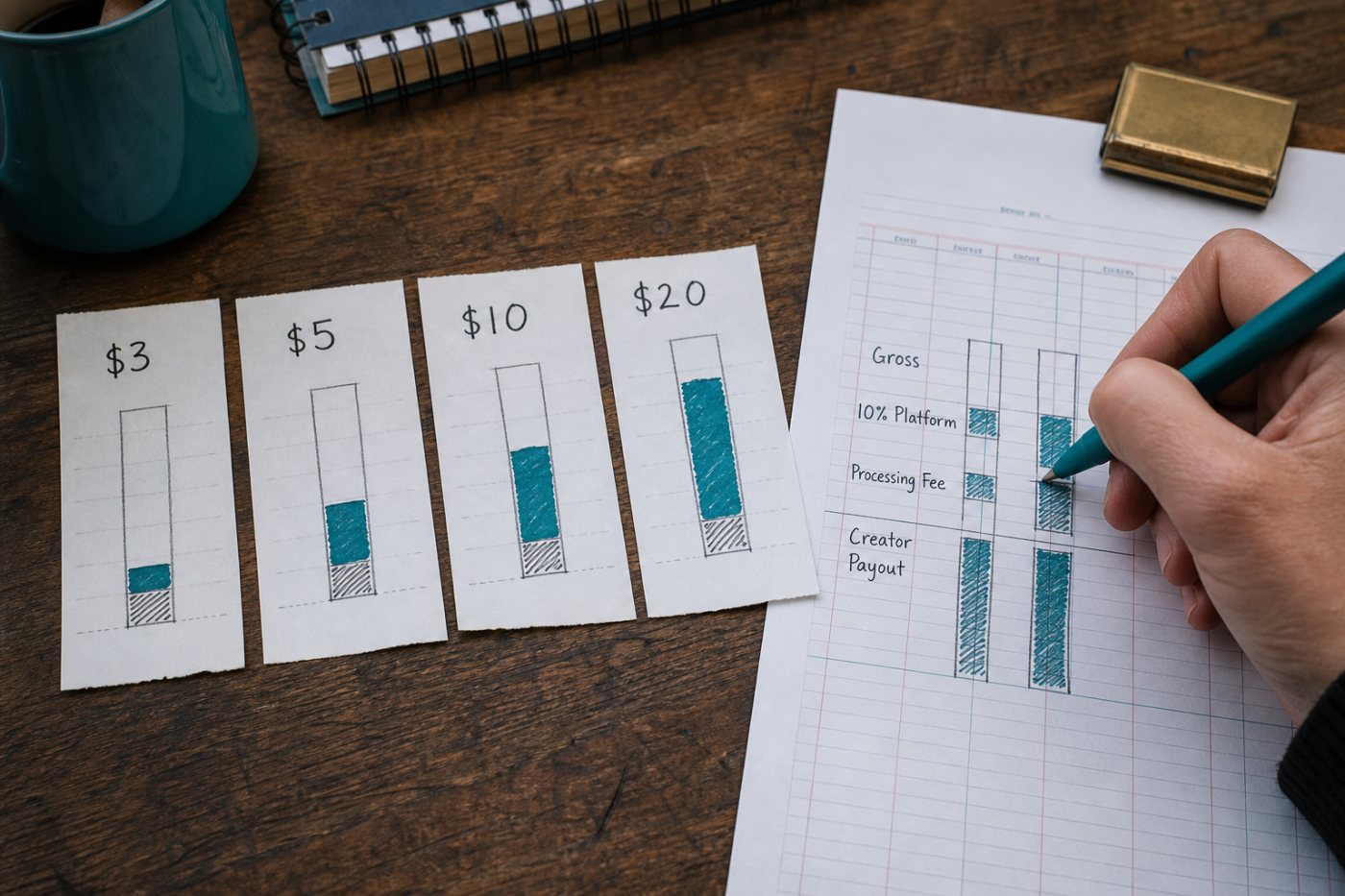 Patreon standard-plan calculation comparing net creator revenue from $3, $5, $10 and $20 memberships.