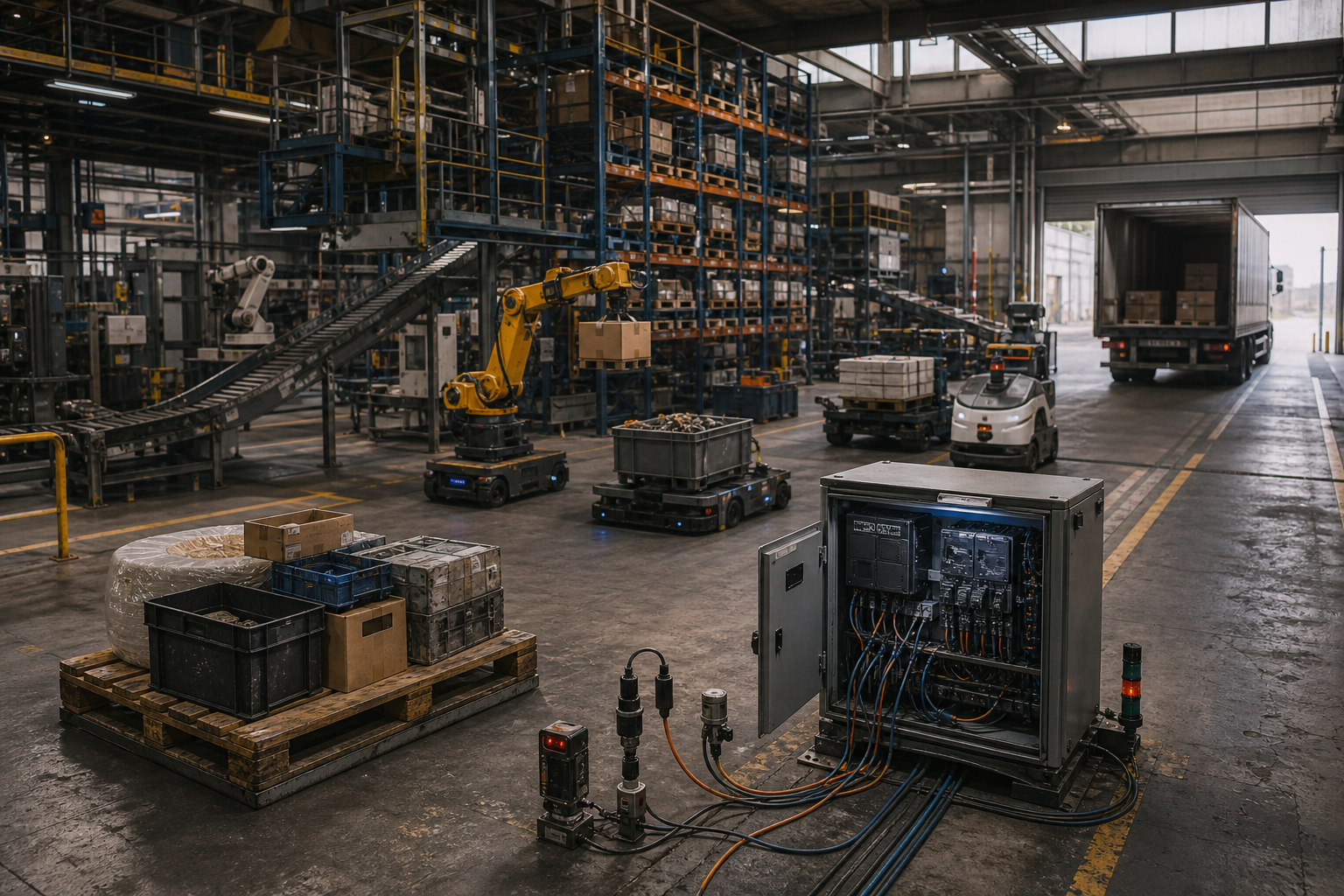 Atoms Food concept showing sensors, control software and specialized robots coordinating a standardized production line
