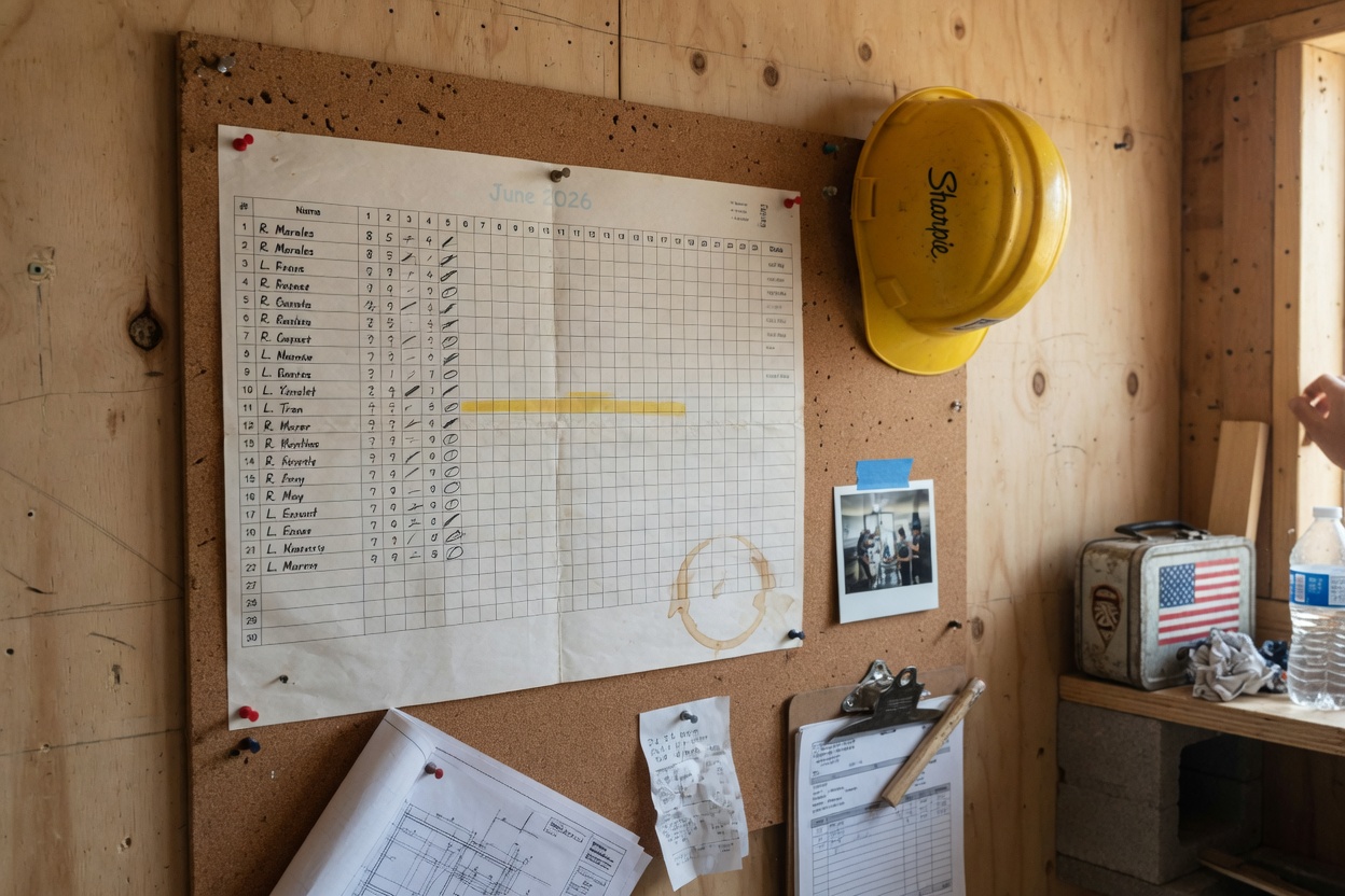 Physical employee time sheet from June 2026 in a small construction business