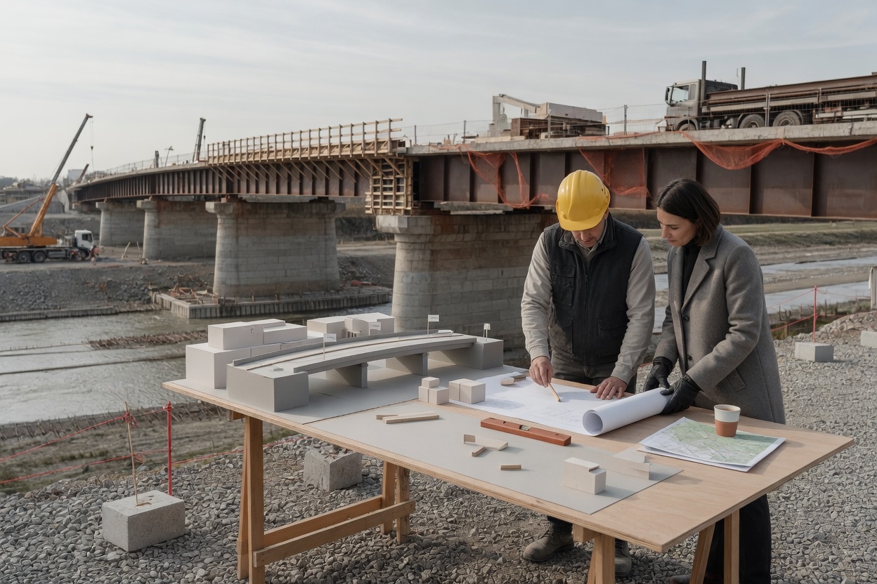 Team members examining bridge infrastructure during site assessment