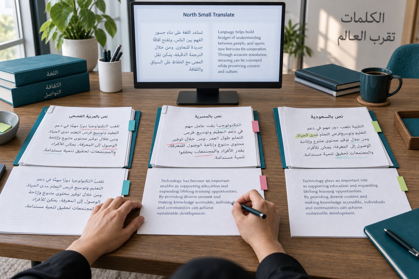 North Small Translate يعالج عينات منفصلة بالفصحى والعربية المصرية والسعودية للمقارنة.