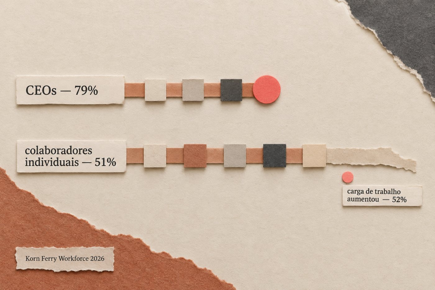 Comparação do Workforce 2026 entre 79% dos CEOs e 51% dos colaboradores que percebem ganhos de eficiência com IA.