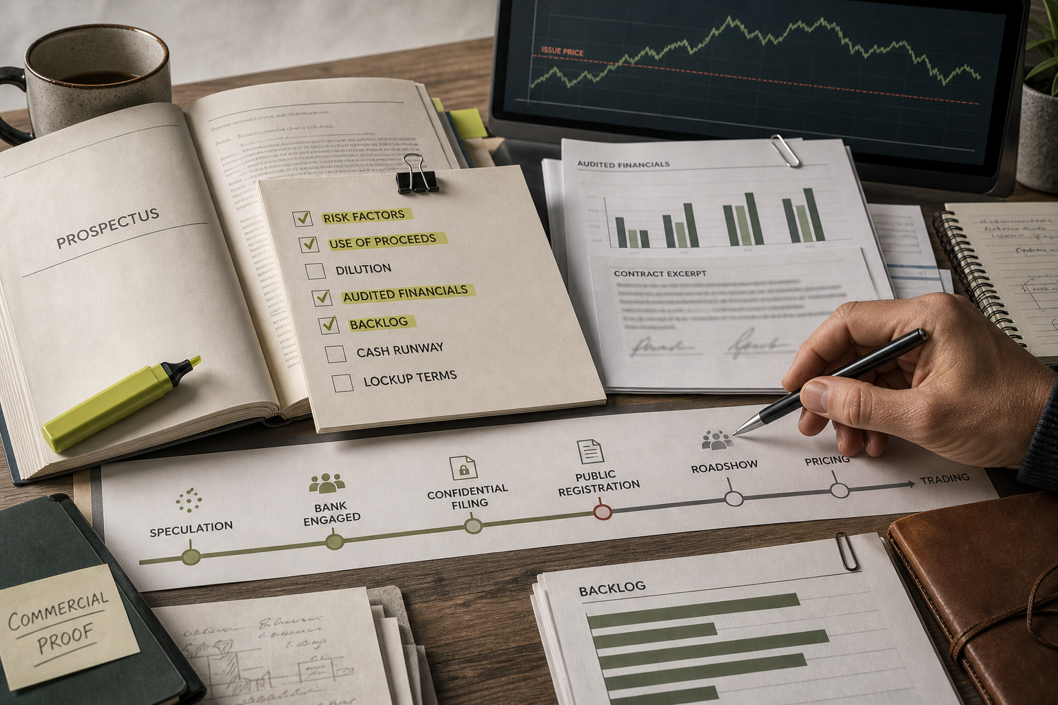 IPO due-diligence materials covering risk factors, dilution, cash runway and lockup terms