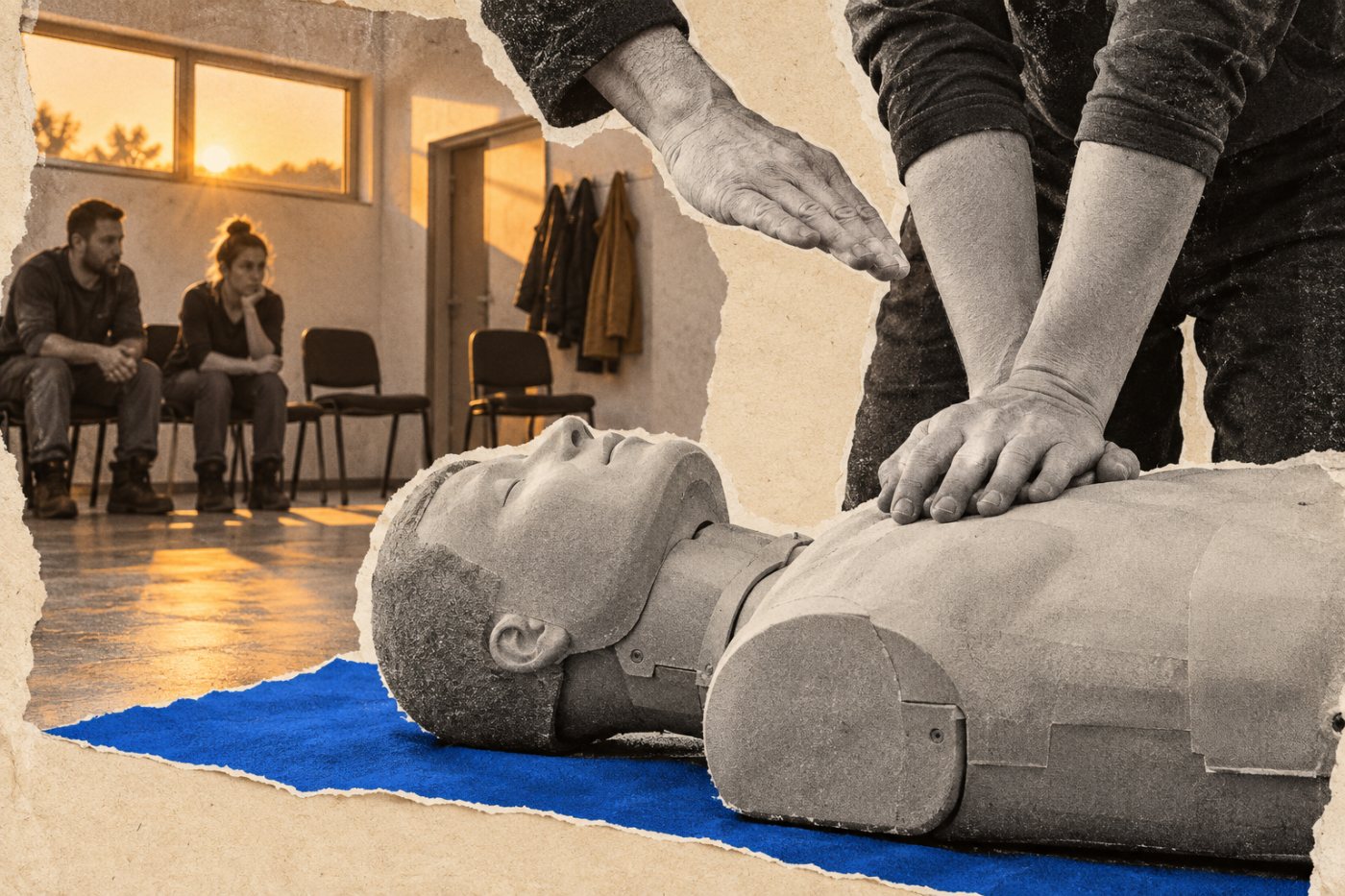 Pracownicy uczestniczą w ćwiczeniu podczas szkolenia BHP, którego czas podlega rozliczeniu.