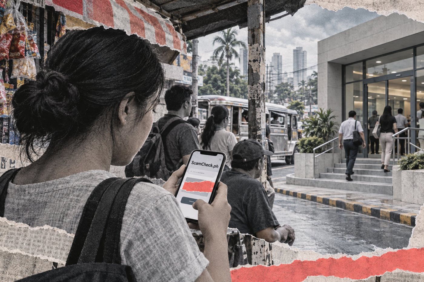 Paggamit ng ScamCheck.ph upang suriin ang kahina-hinalang mensahe at hanapin ang gabay sa pag-uulat.