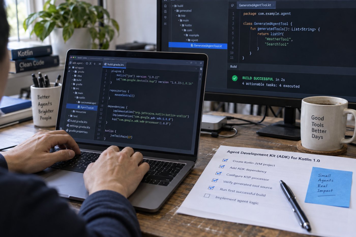 Cấu hình tối thiểu của dự án ADK for Kotlin gồm JVM 17, Gradle, KSP, core và processor 1.0.0.