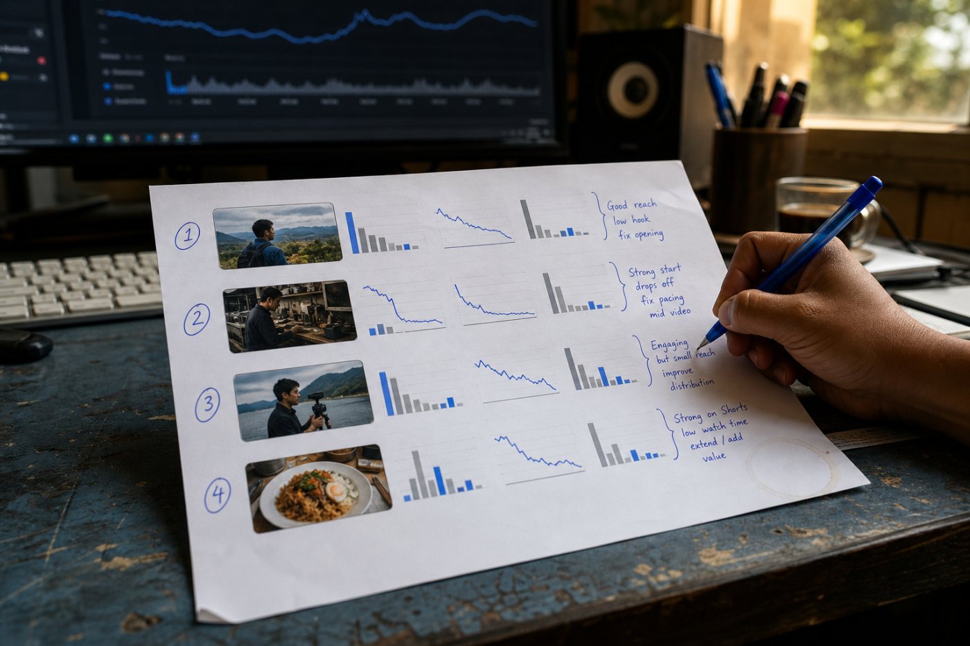 Empat pola performa video yang dibedakan melalui Views, Engaged views, retensi, CTR, durasi rata-rata, dan watch time.