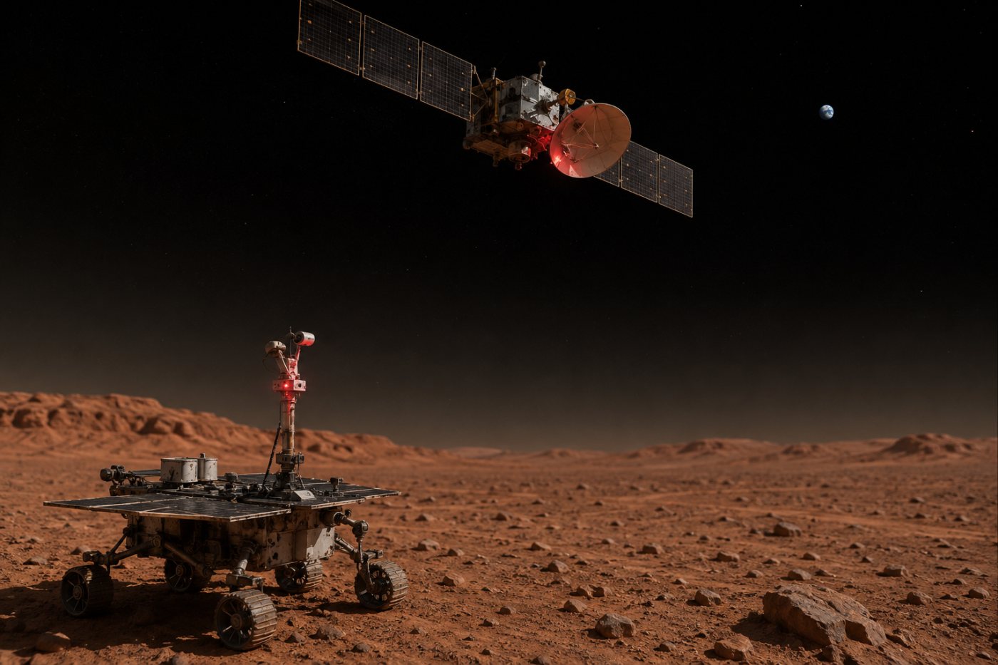 Luồng liên lạc từ rover trên Sao Hỏa qua tàu chuyển tiếp quỹ đạo rồi về Trái Đất.