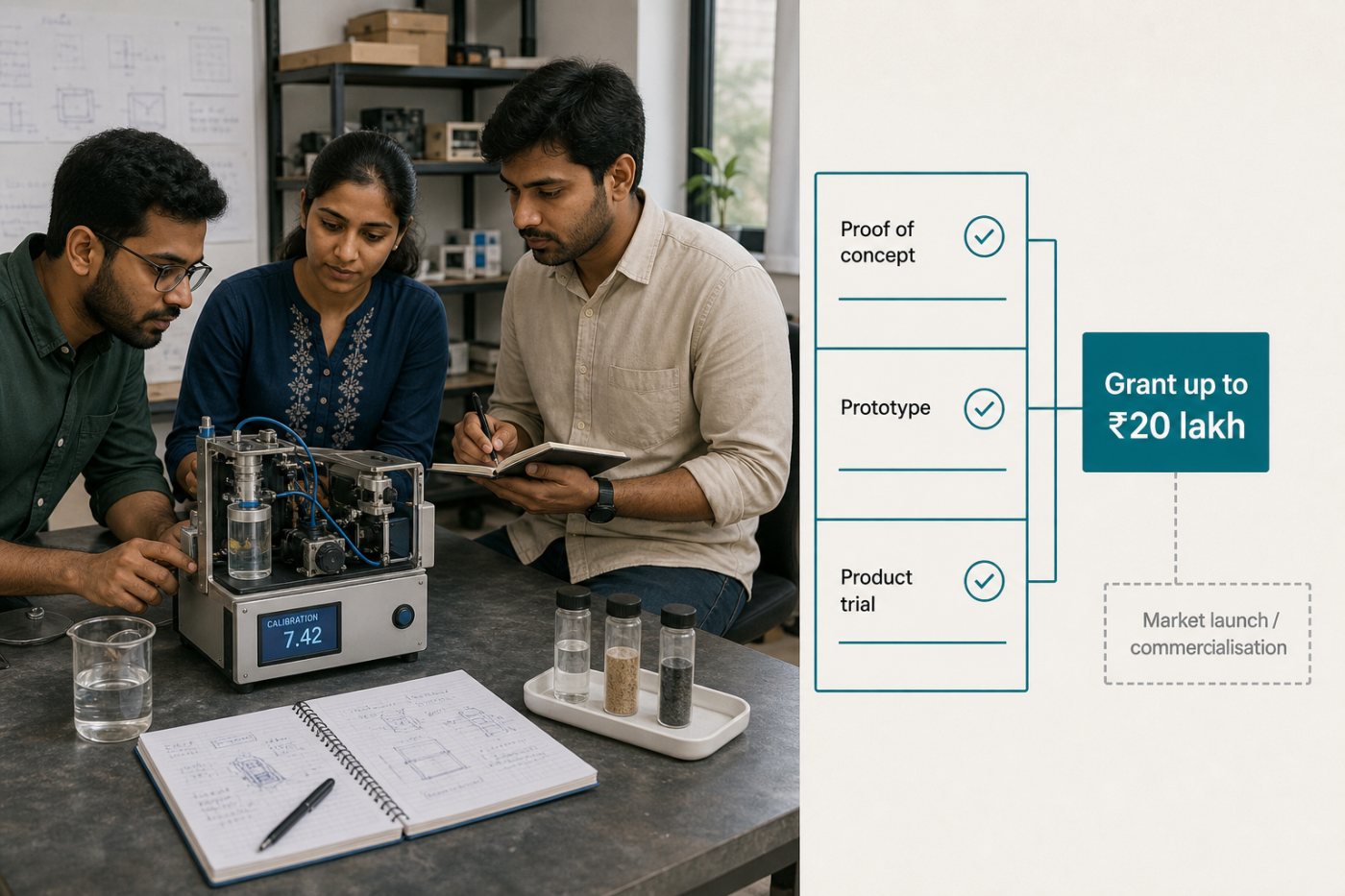 Prototype validation-এর milestone অনুযায়ী ₹২০ লাখ পর্যন্ত grant ব্যবহারের পরিকল্পনা করছে একটি startup দল।