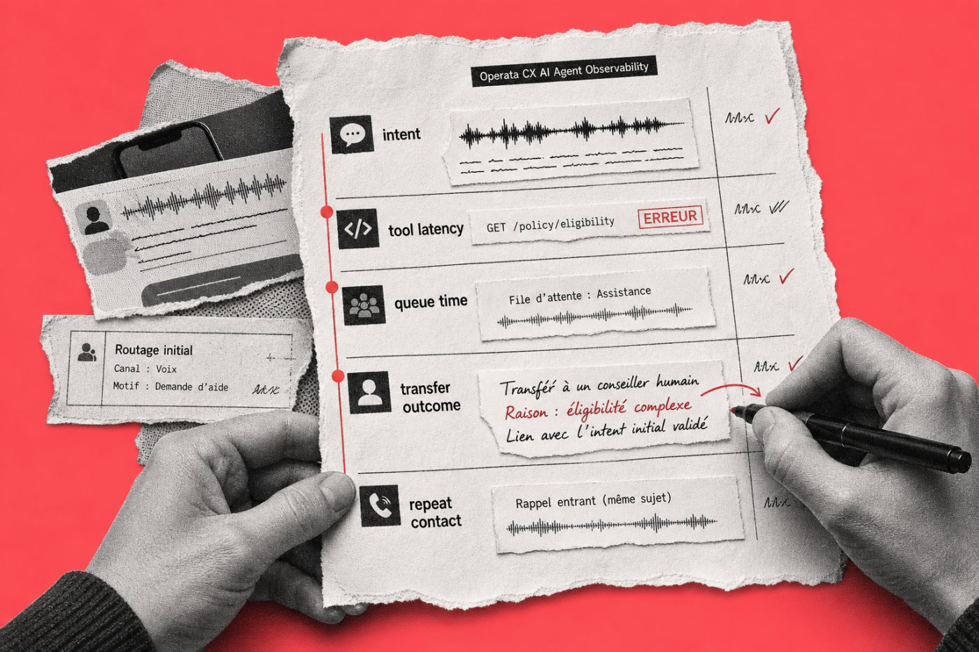 Comparaison des intentions, latences d’outils, temps en file, transferts et rappels entre agents IA et humains.