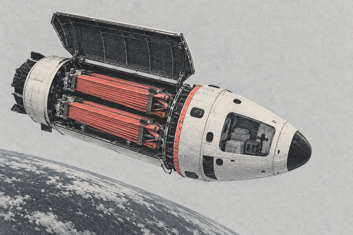 Теретни Dragon носи склопљена iROSA крила у спољном товарном делу, одвојено од залиха и експеримената у капсули.