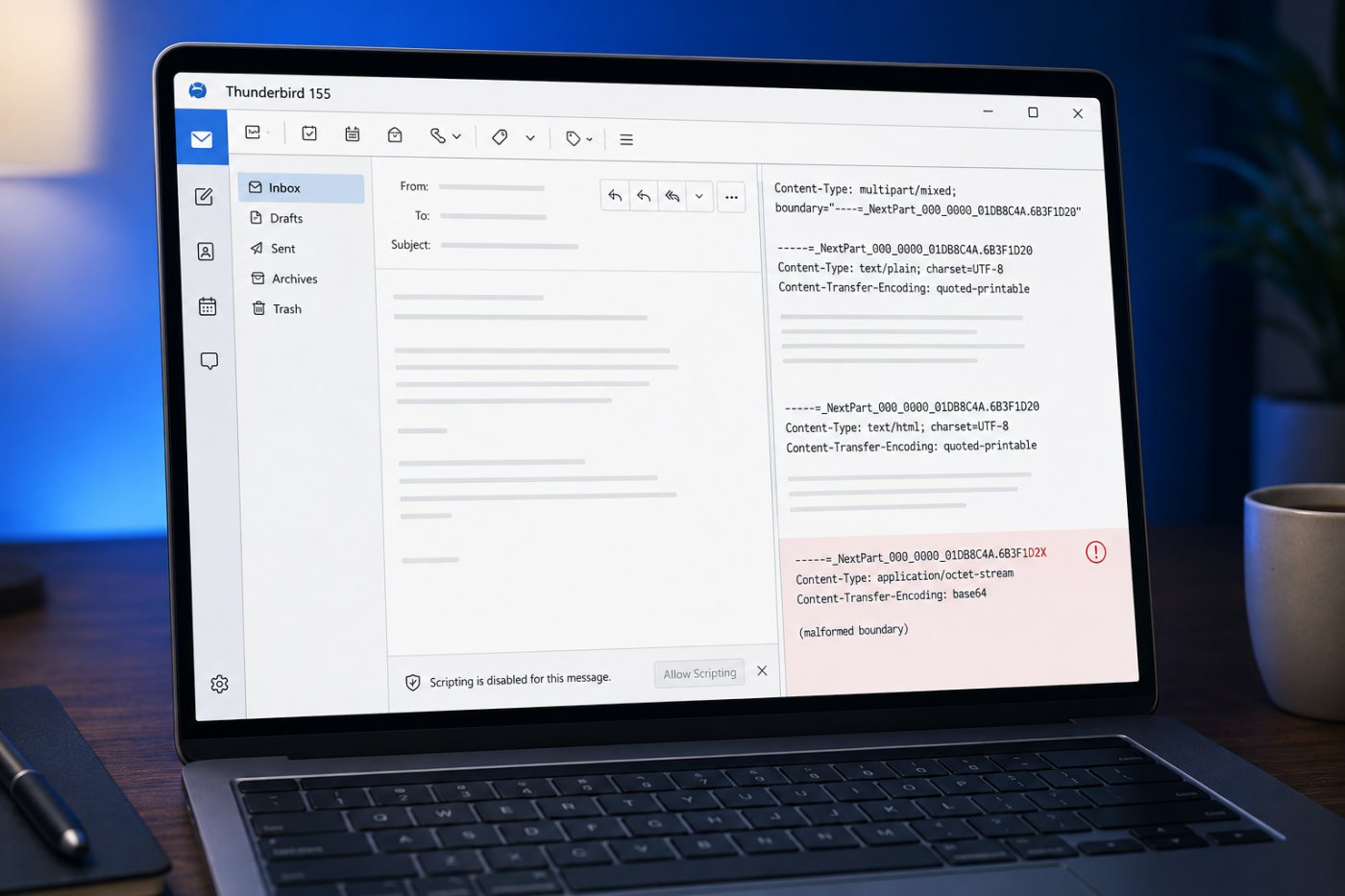 Thunderbird میں scripting سے محفوظ عام email reading اور مخصوص MIME parsing خطرے کا فرق