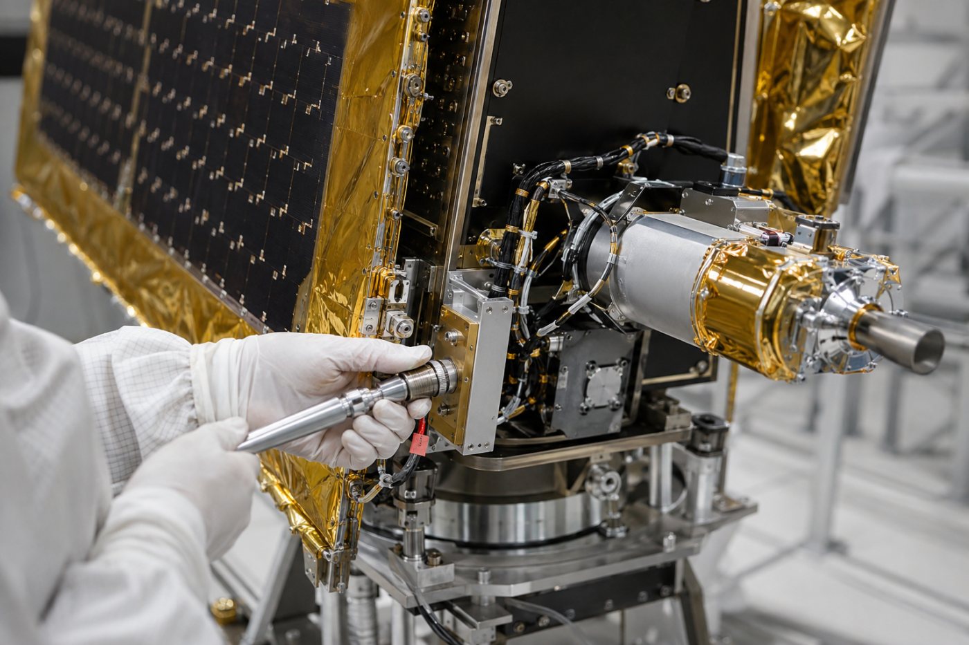 L’orbiteur du Mars Telecommunications Network en cours d’intégration avant sa livraison à la NASA.