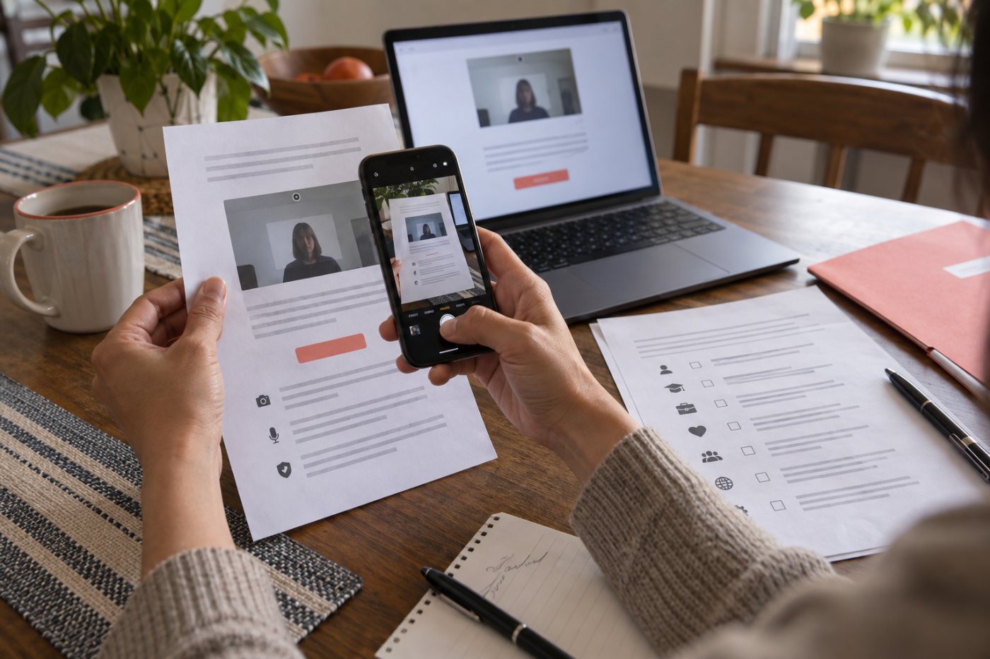 An applicant checks and preserves the notice, consent terms and evaluation details for an automated video interview.