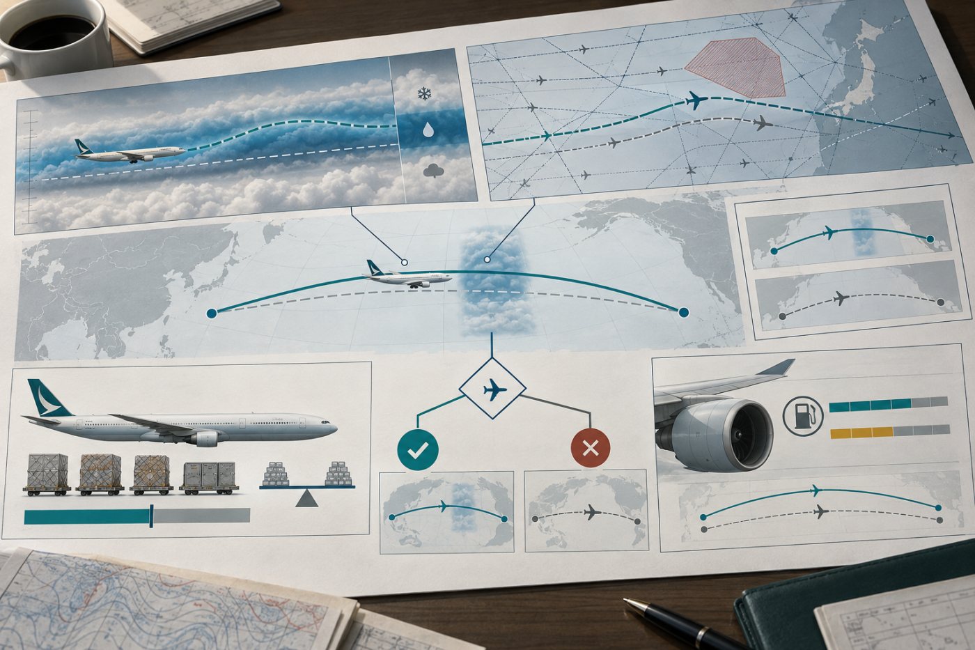 Cathay Pacific-এর flight planning-এ contrail এড়ানোর altitude পরিবর্তন airspace, আবহাওয়া, payload ও জ্বালানির সীমার সঙ্গে যাচাই