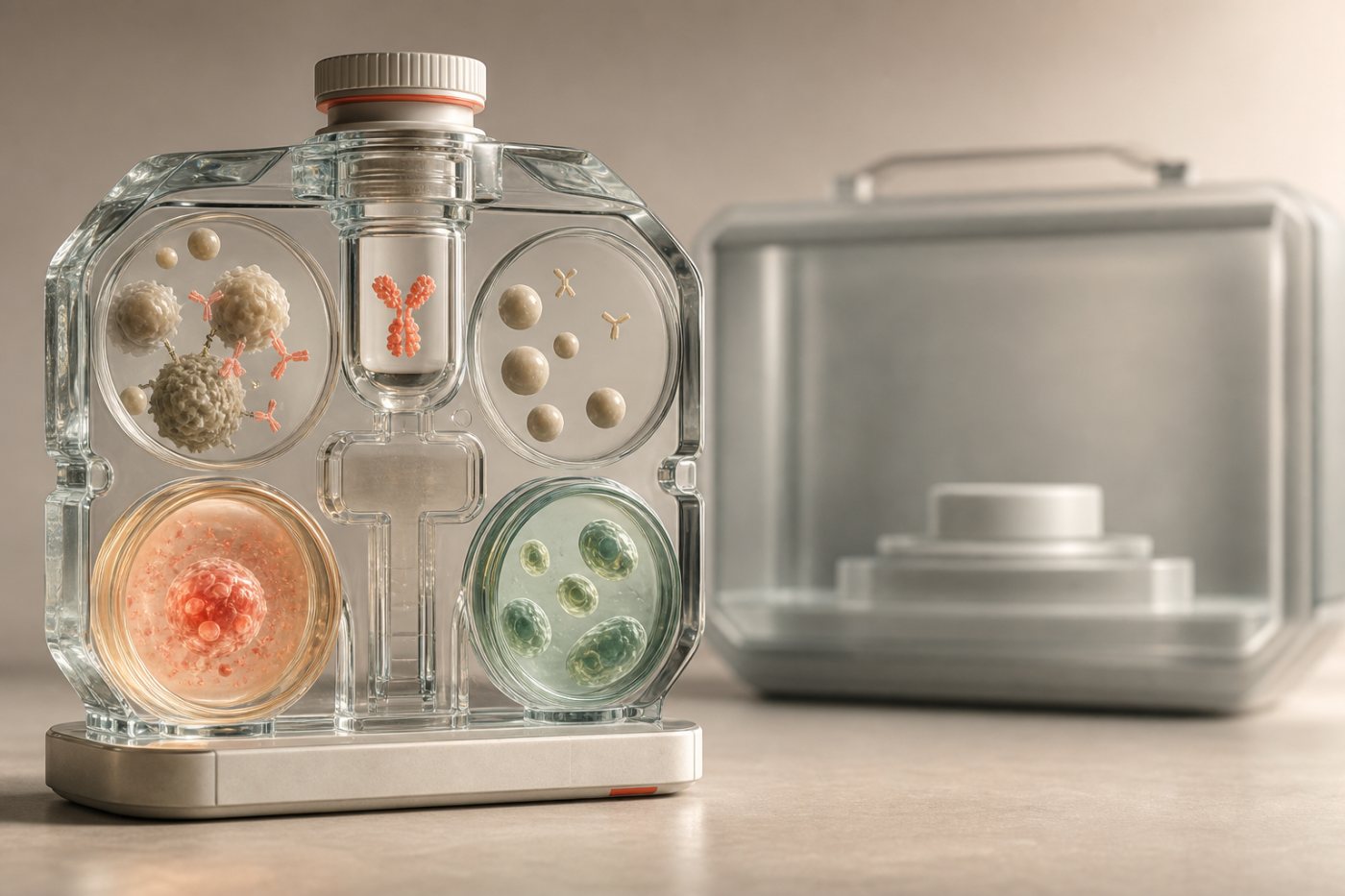 An AI-assisted antibody candidate undergoes preclinical characterization before regulatory submission and human trials.