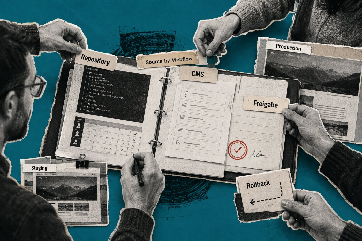 Ein Webteam ordnet Repository-Zugriff, CMS-Verantwortung, Freigaben und einen rückbaubaren Piloten vor dem Source-Zugang.