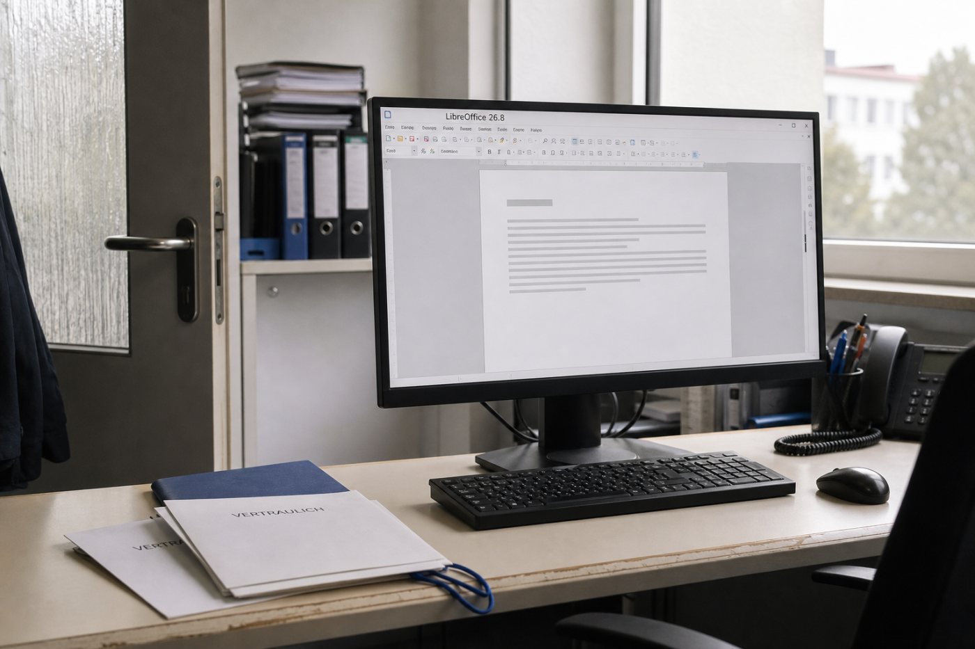Ein vertrauliches Dokument wird in LibreOffice 26.8 lokal und ohne Übergabe an einen generativen KI-Dienst bearbeitet.