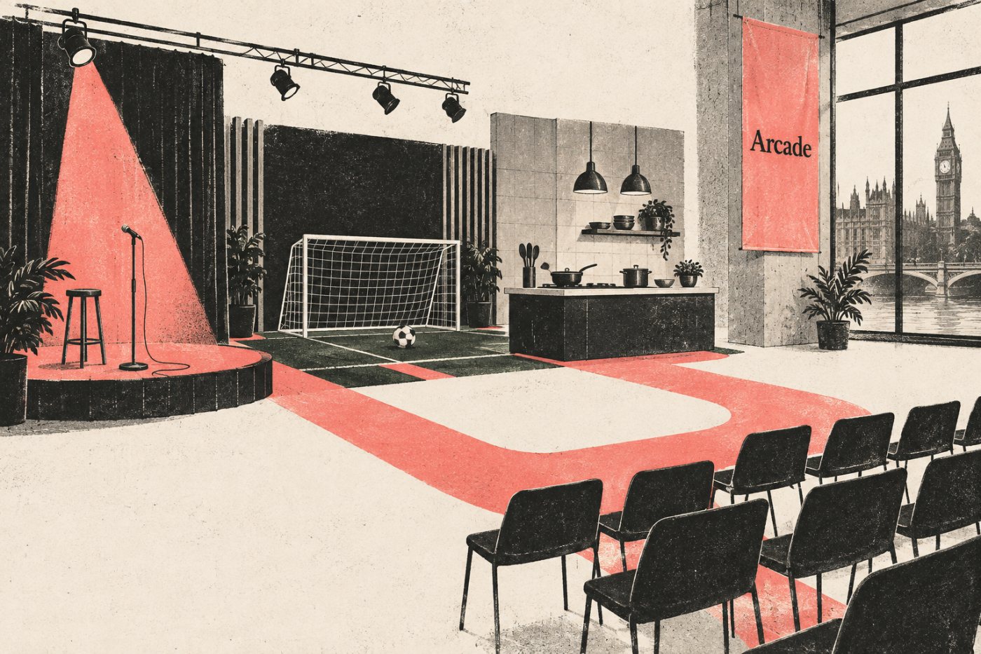 Upfront da Arcade em Londres reúne formatos de comédia, futebol e gastronomia em uma apresentação planejada para anunciantes.