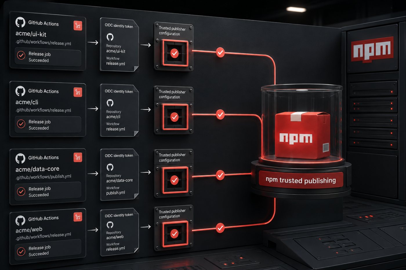 서로 다른 저장소와 워크플로가 독립된 OIDC 신원으로 하나의 npm 패키지에 연결되는 과정